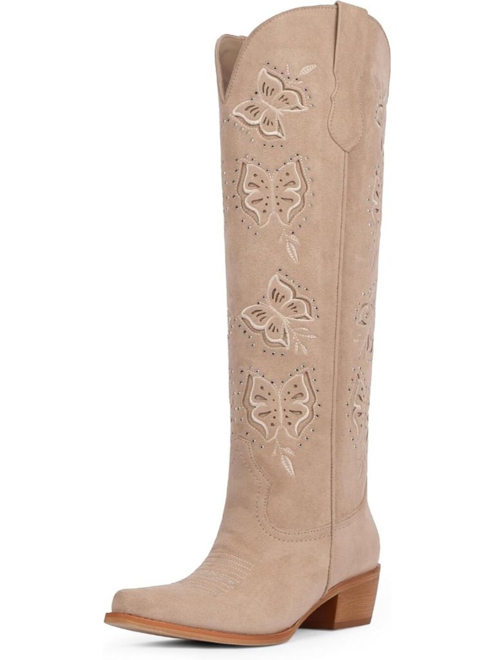 Women's Nude Suede Rhinestone Butterfly Embroidered Chunky Heel Cowgirl Boots